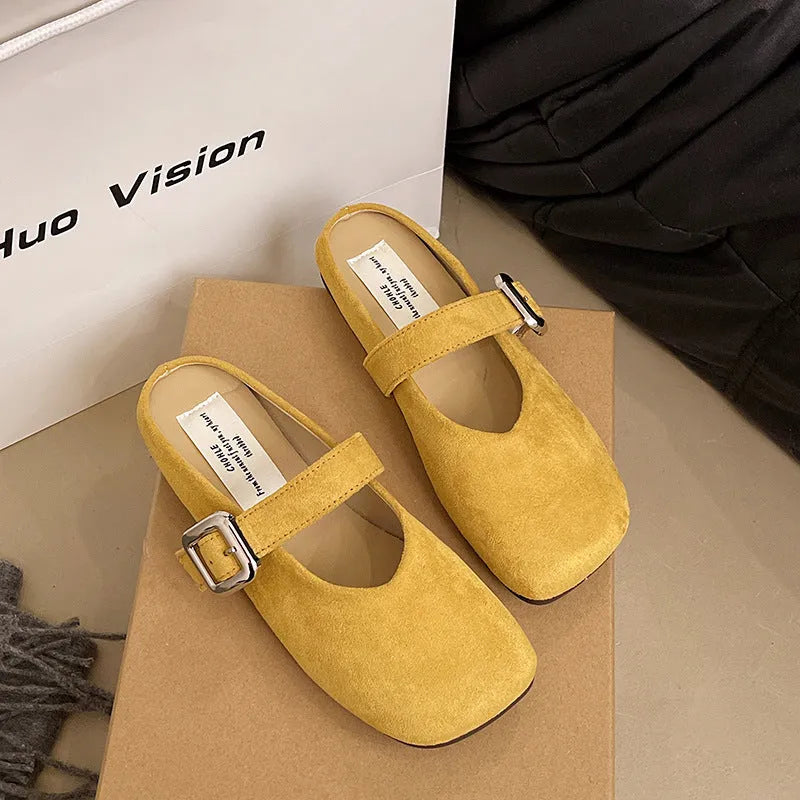 Women's flat closed toe half slippers in PU with rubber sole and square toe shape