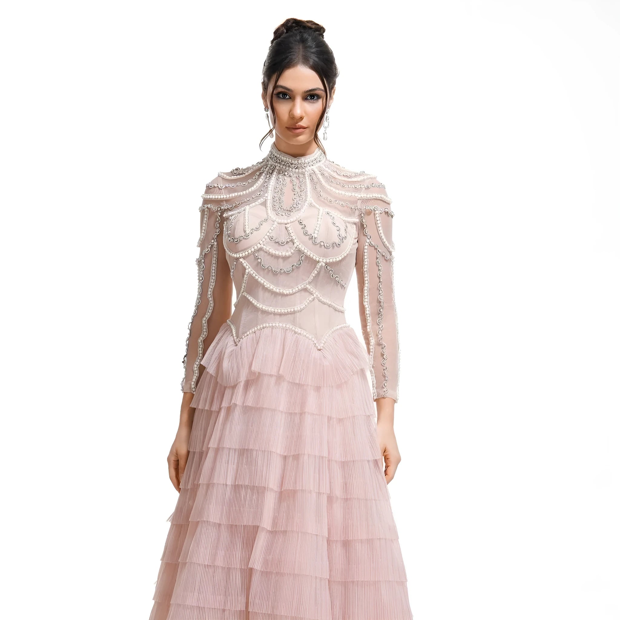Black women's long sleeve formal dress with detailed beaded craftwork on the front.