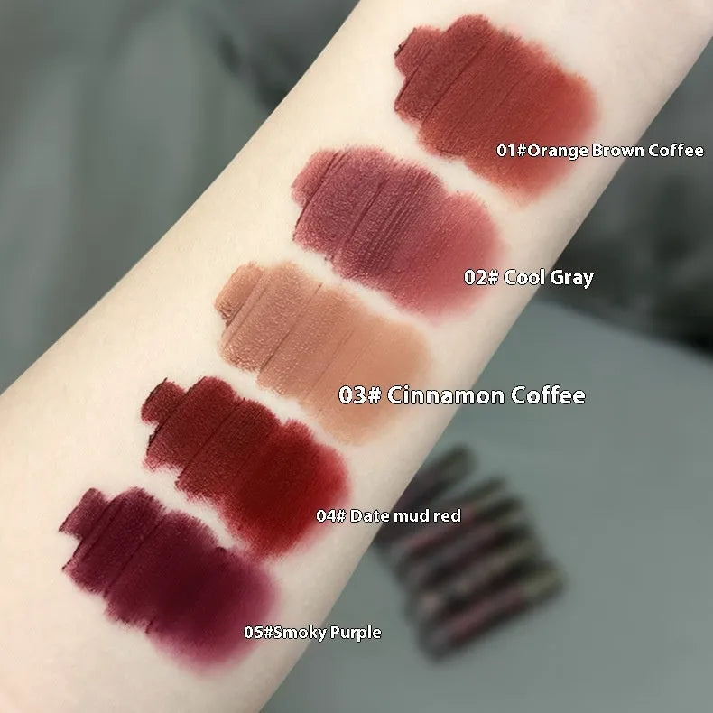 Lava Secret matte lipstick in five colour options including orange brown coffee and jujube red