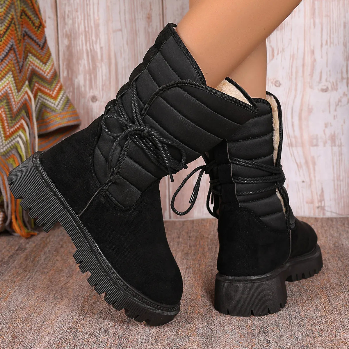 Women's black chunky heel snow boots with lace-up design and fleece lining.