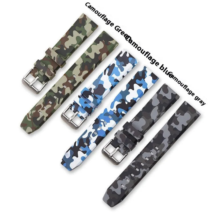 Blue camouflage silicone watch strap with flat head lugs for universal fit.