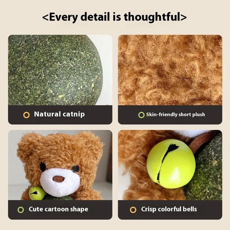 Plush cat toy shaped as a character with a mint ball, shown in brown bear, pink rabbit, piyopiyo and green frog designs.