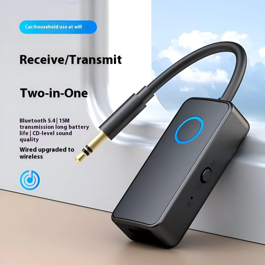 Black Bluetooth 5.4 audio adapter with 3.5mm plug for car stereo and speaker wireless streaming