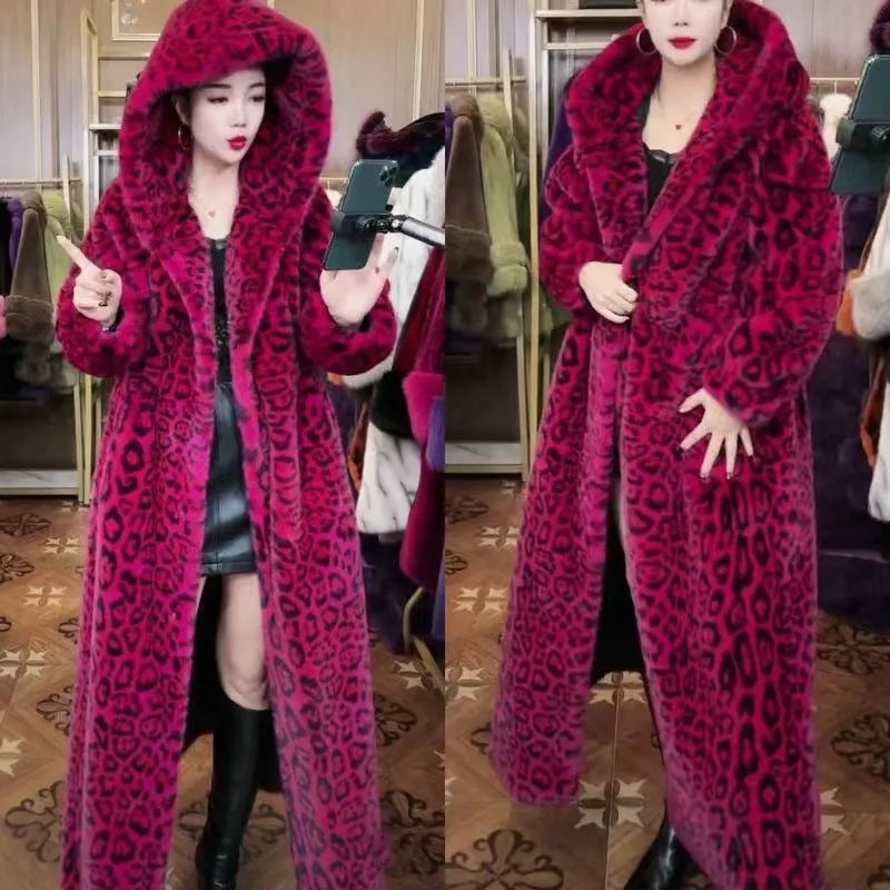 Women's plus size long faux fur coat in brown leopard print with 100cm extended length