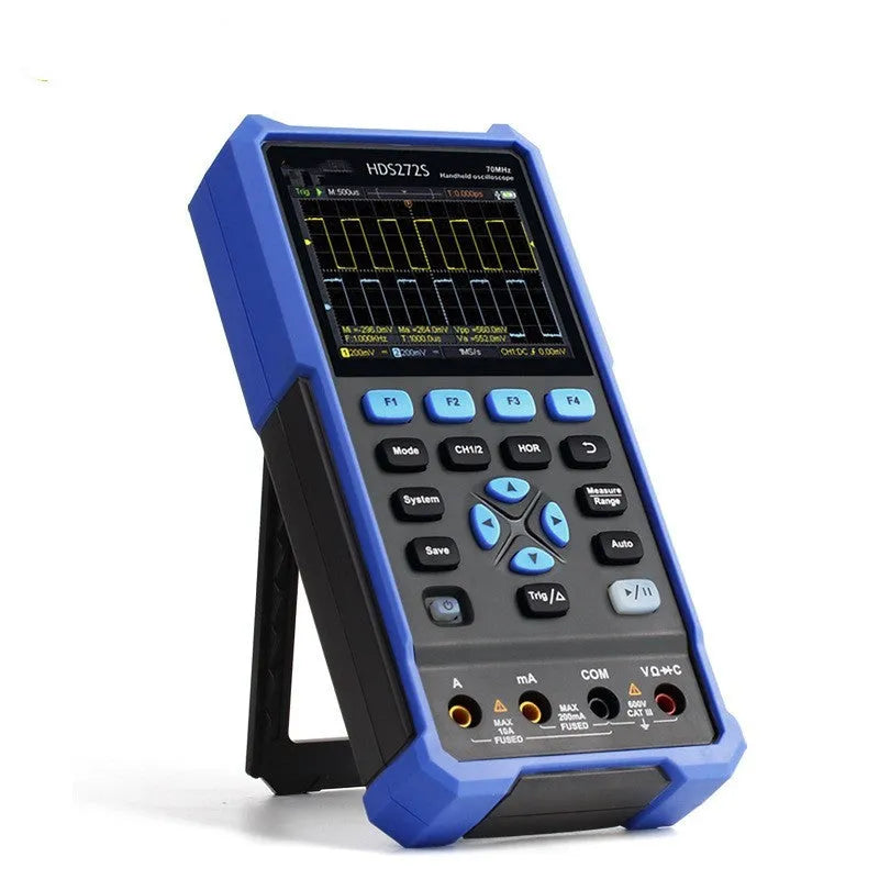 Handheld digital oscilloscope with colour display showing waveform measurement for automotive diagnostics