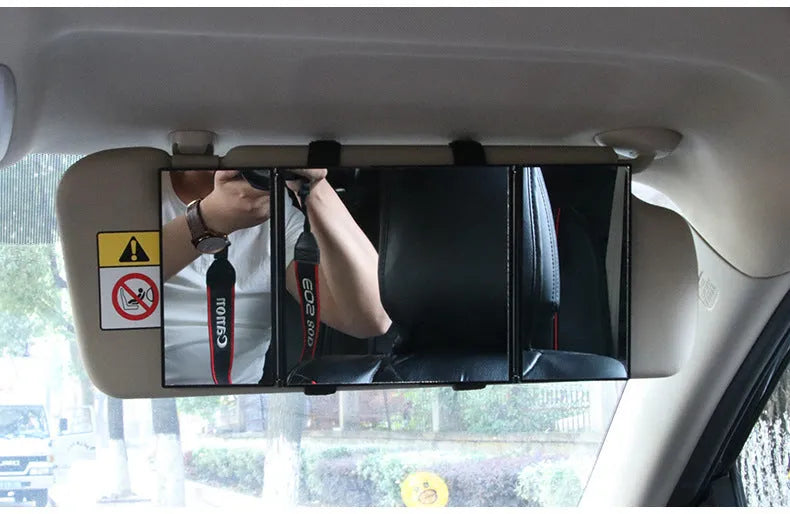 Silver folding car grooming mirror showing open and closed positions with ABS frame