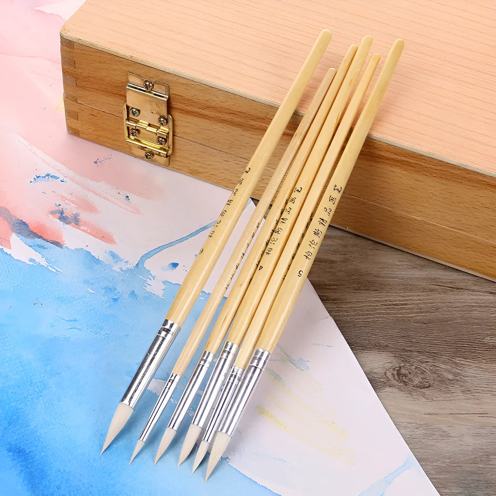Set of six wooden-handle artistic brushes with wool points for detail drawing and painting