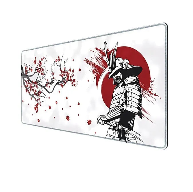 Japanese Samurai design gaming mouse pad on a desk, showing non-slip cloth base and thermal transfer print.