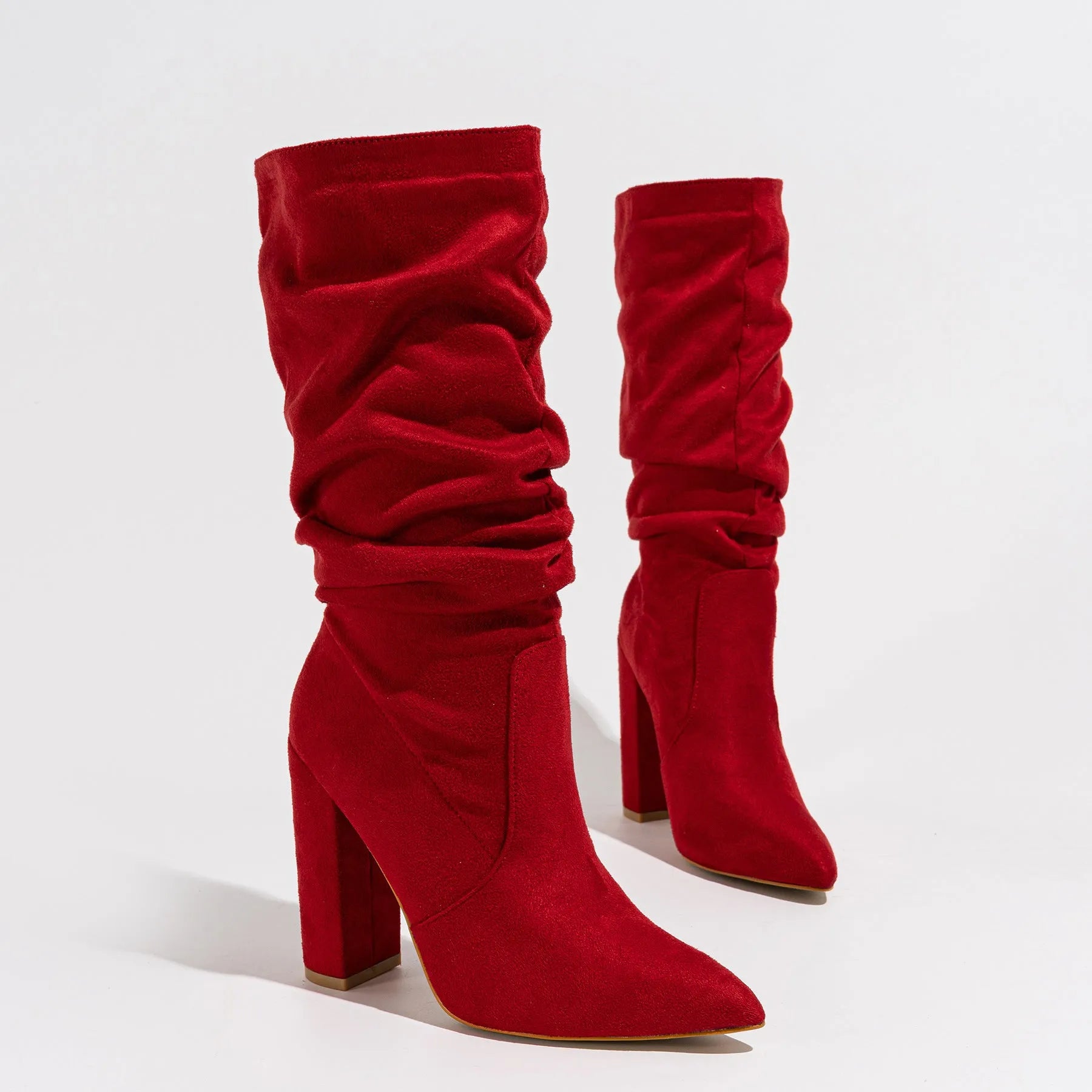 Women's black suede boots with pointed toe and chunky high heel above 8cm, mid-calf length
