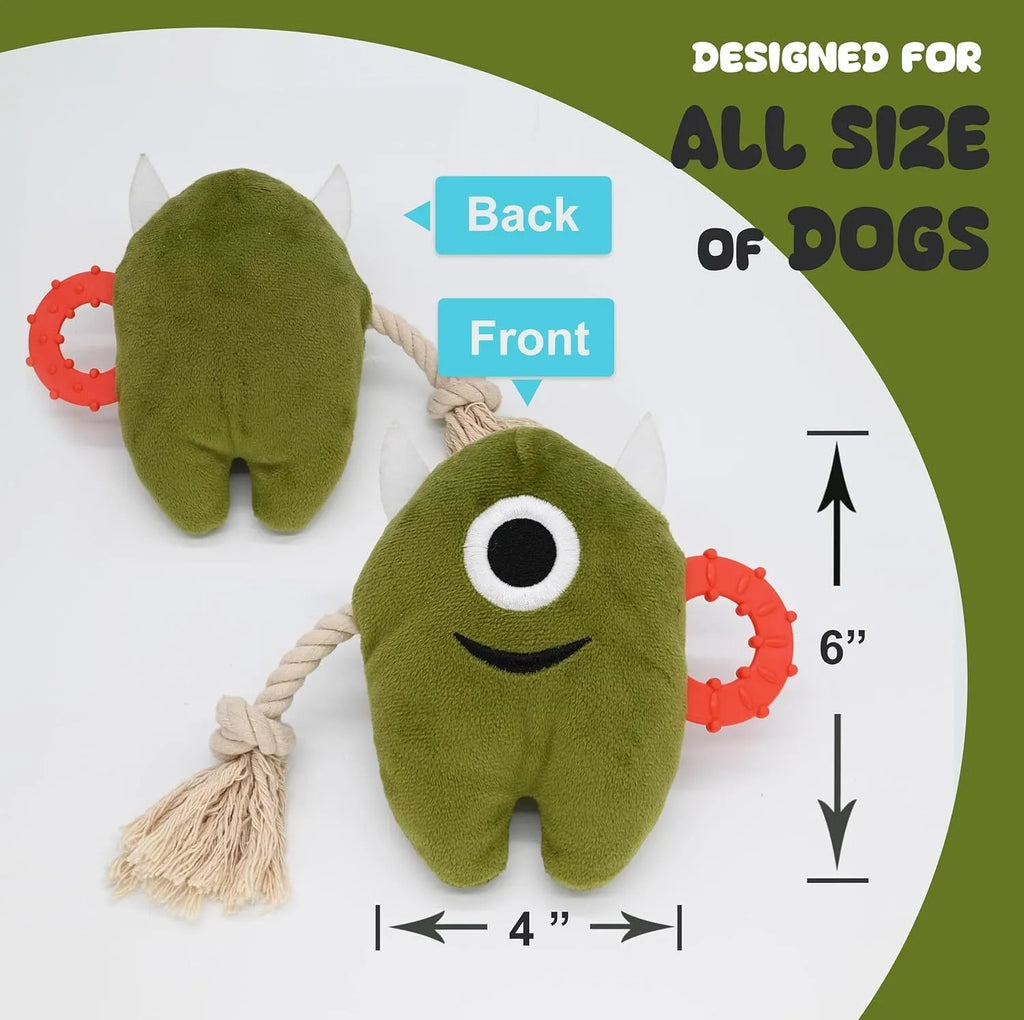 Blue and green plush dog toys with integrated cotton rope and squeaker for chewing and tugging play