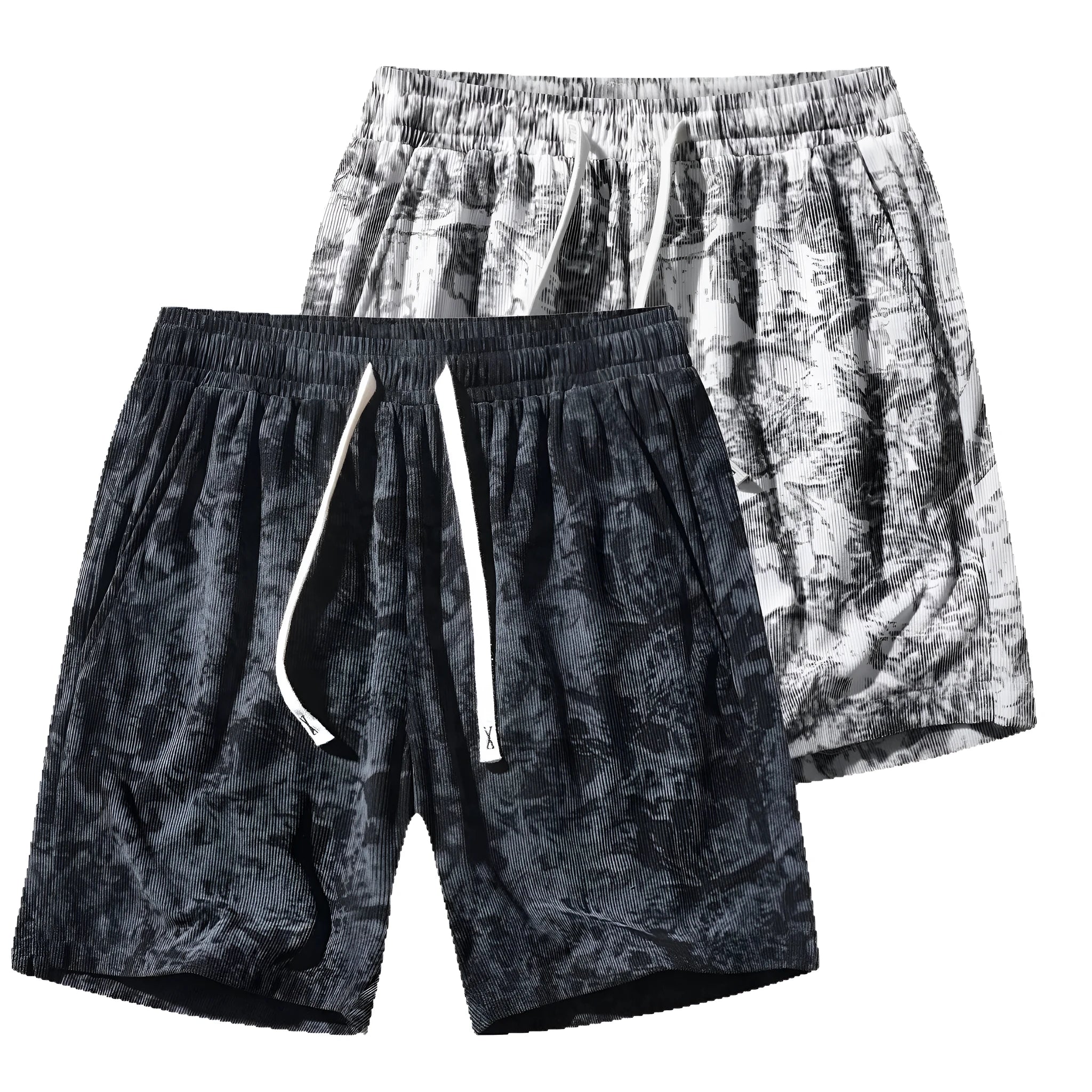 Men's camouflage pattern corduroy athletic shorts with a straight cut and high waist.