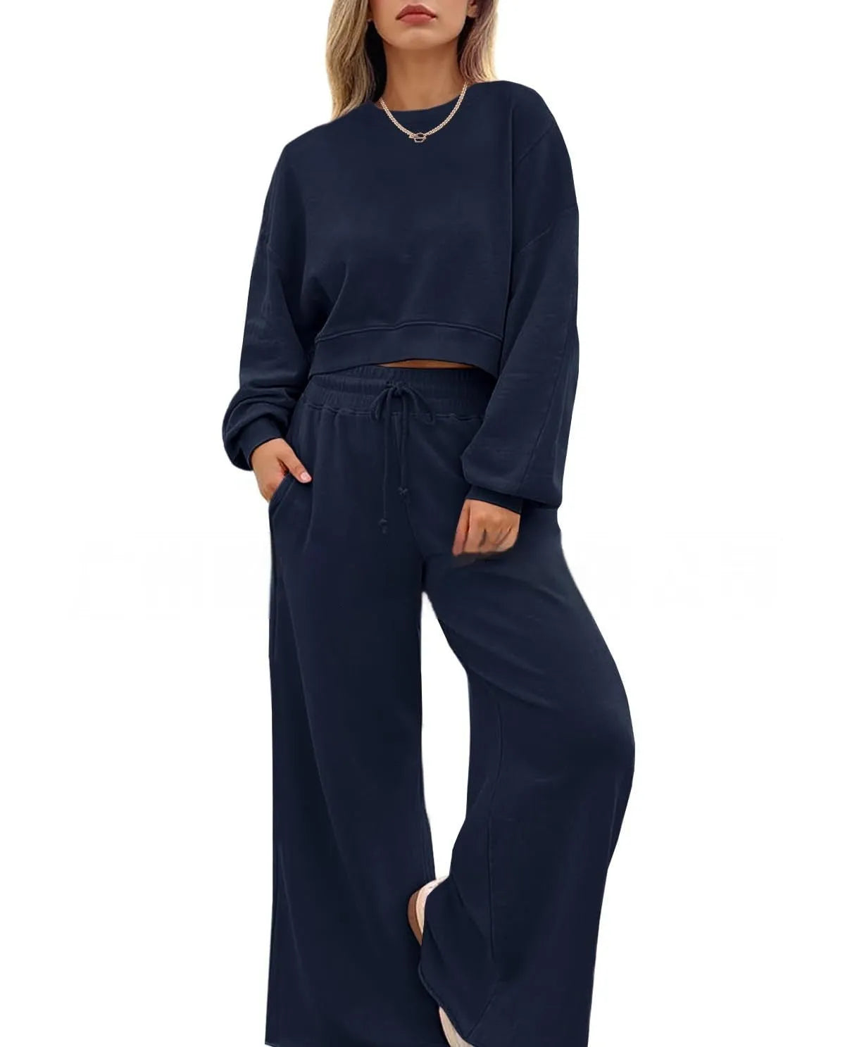 Women's solid colour polyester long sleeve top and trouser two-piece set in street hipster style.