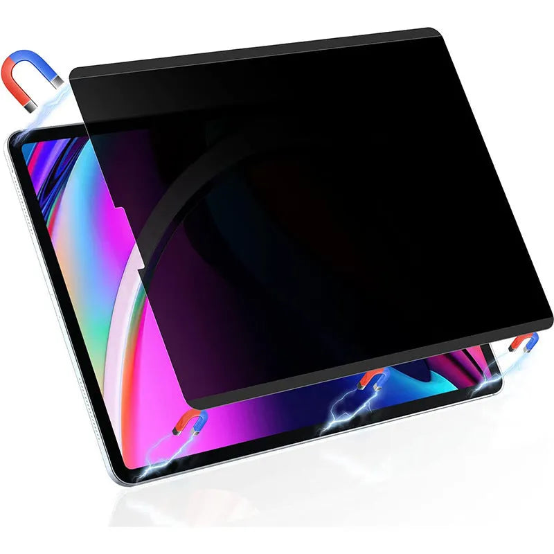 Magnetic suction anti-peeping film for iPad on a table next to an iPad and storage clip.