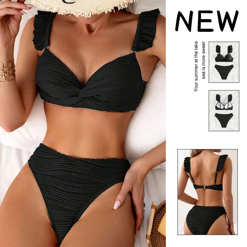 Women's solid colour bikini swimsuit set shown in black and khaki options.