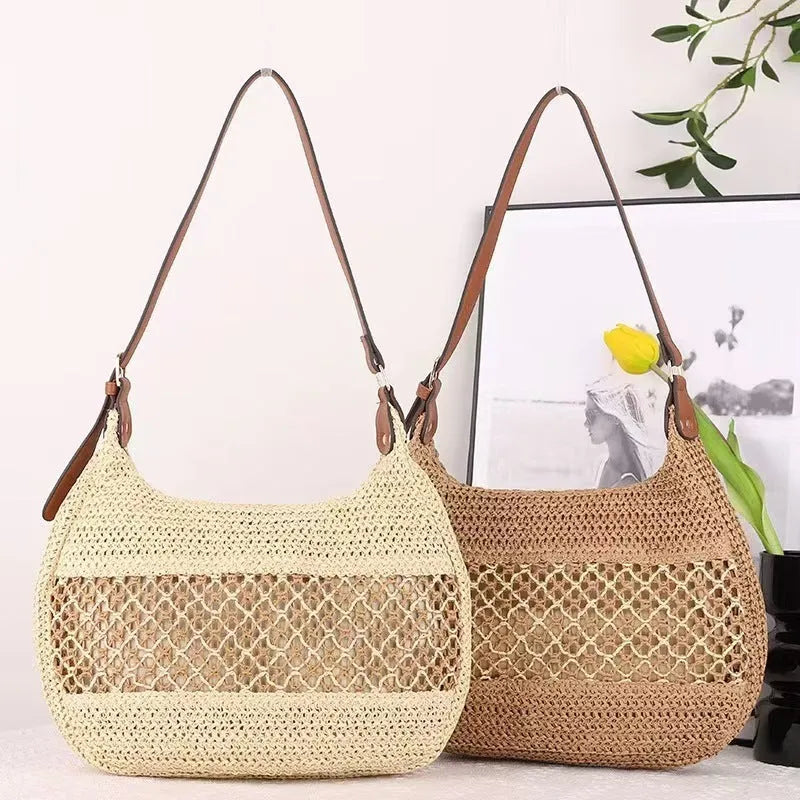 Women's khaki and milky white soft straw cross body bag with a horizontal square shape and sandwich pocket.