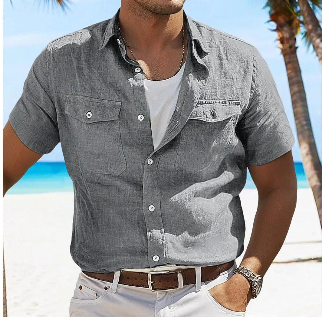 Men's grey linen summer shirt with polo collar and long sleeves in loose fit styling