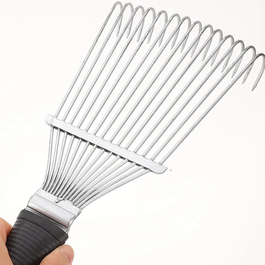 Stainless steel pet dematting brush rake comb with curved teeth for grooming horses and dogs.