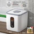 Grey plastic insect-proof rice storage jar with airtight lid and measuring cup, shown in 10kg, 20kg, and 30kg sizes.