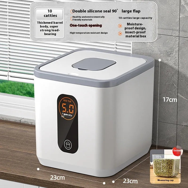 Grey plastic insect-proof rice storage jar with airtight lid and measuring cup, shown in 10kg, 20kg, and 30kg sizes.