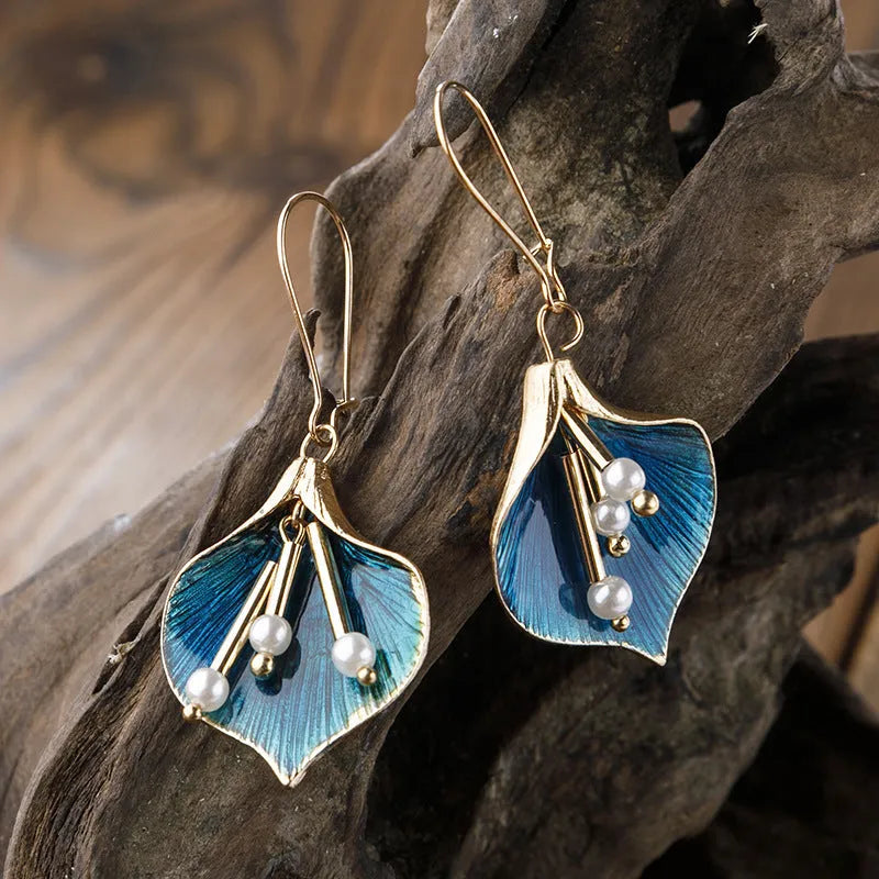 Women's Alloy Flower Earrings with Electroplating Finish - Retro Style Drop Earrings in Blue and Green for Everyday Wear, Dangle Earrings for Women