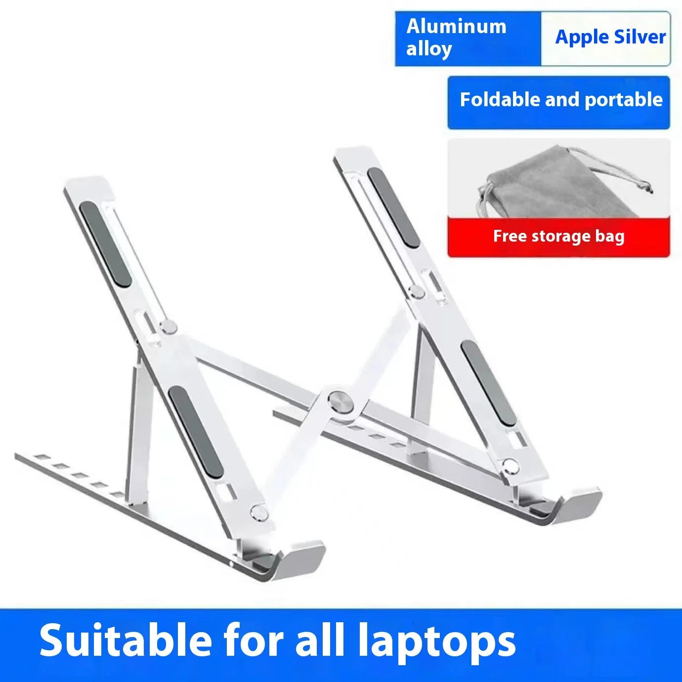 Aluminium laptop stand in silver finish supporting a laptop with improved airflow space