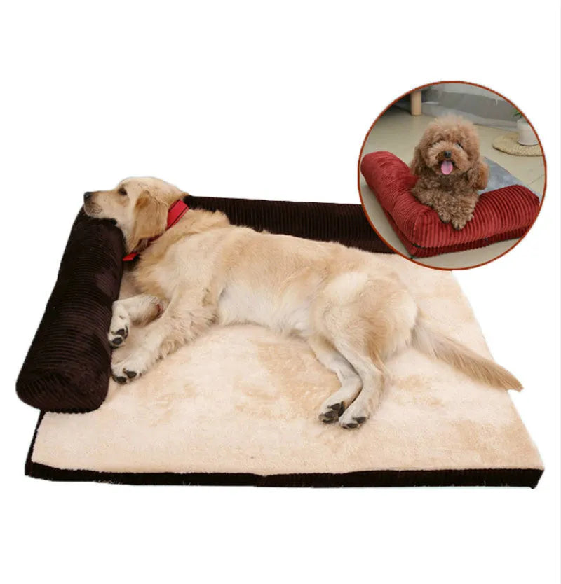 Corduroy pet dog bed sofa in a neutral colour with a raised edge and non-slip base.