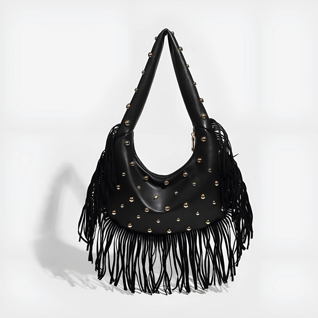 Retro black shoulder handbag with tassel detail showing internal phone compartment