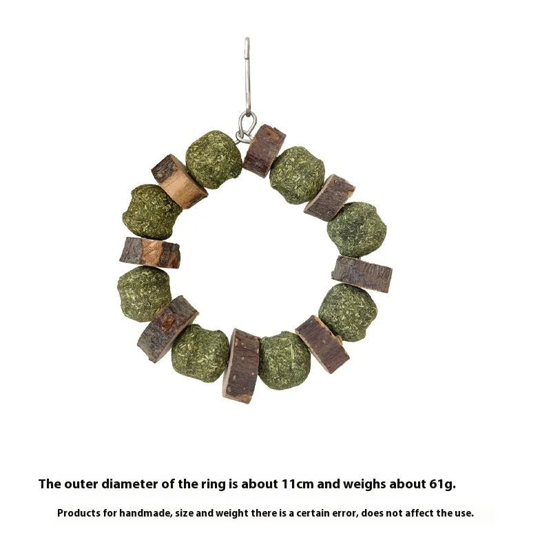 Applewood straw ball chew ring toy for small pets with decorative paillette details