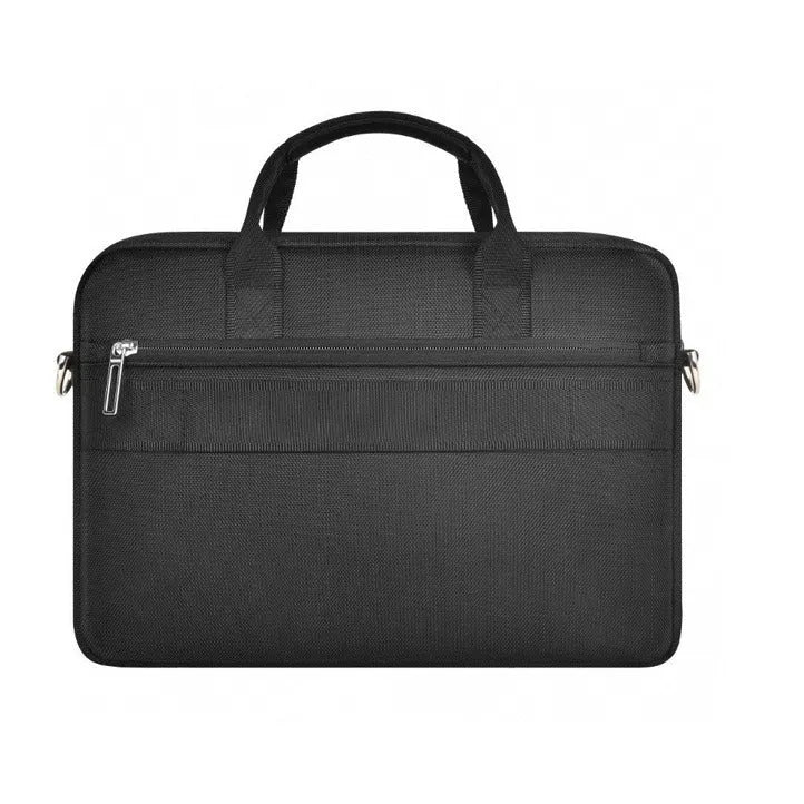 Black Oxford cloth laptop backpack showing multiple compartments and a separate padded laptop section.