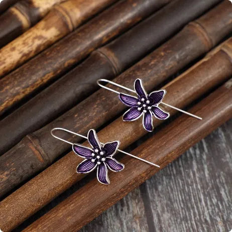 Purple flower-shaped alloy earrings with electroplated finish and elegant design for women