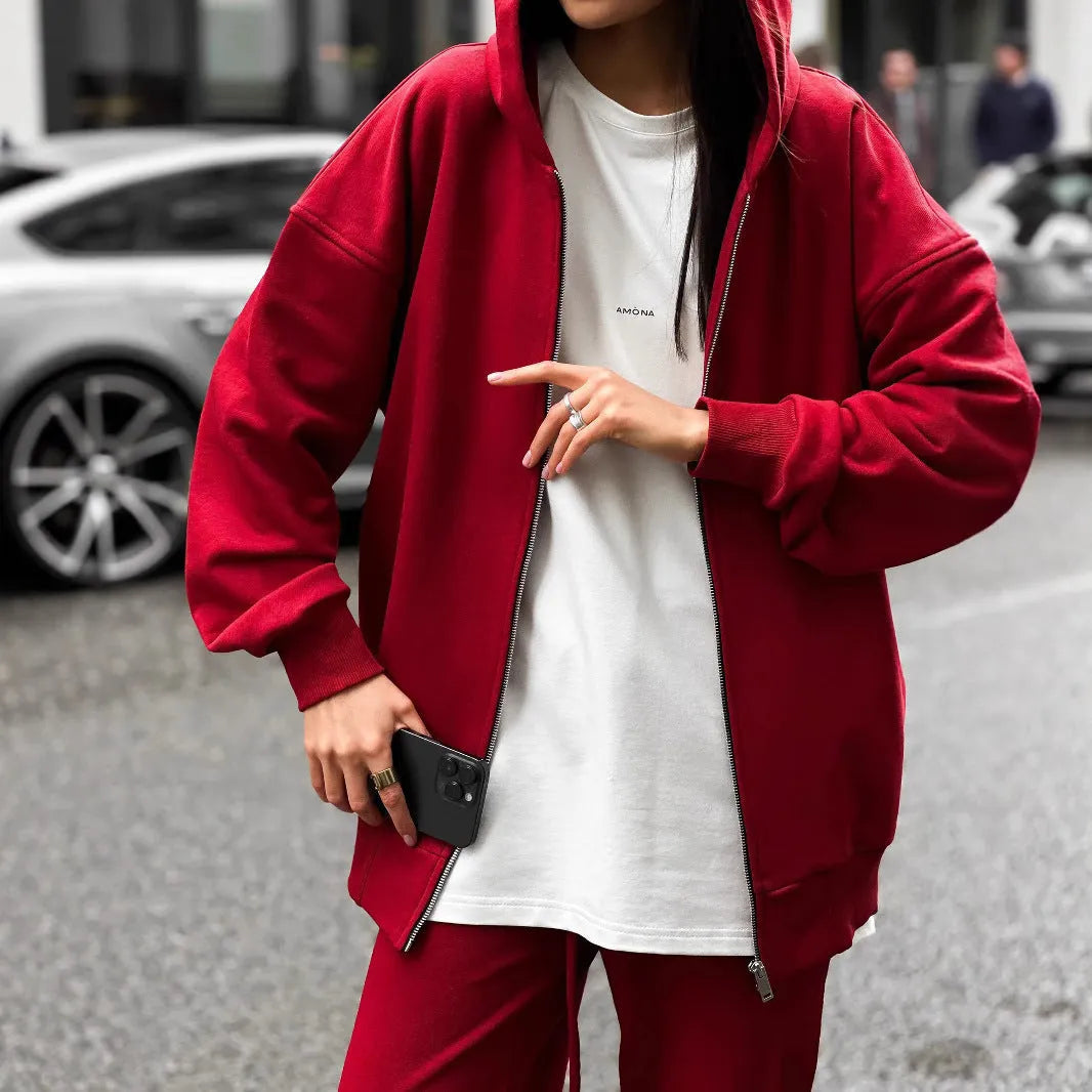 Women's street style long-sleeved coat and trousers two-piece set in loose fit polyester fabric