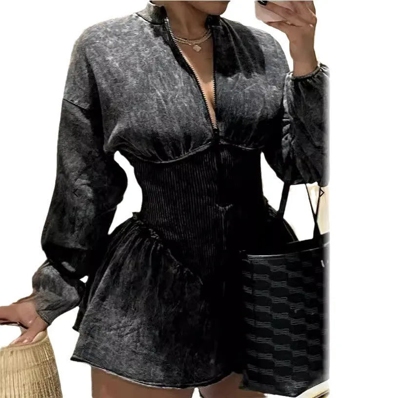 Grey digital print A-line dress with drawstring waist and regular long sleeves