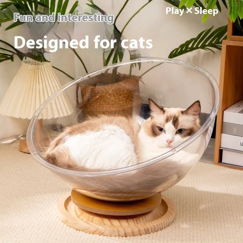 Transparent acrylic space capsule bathtub cat bed on a white background
