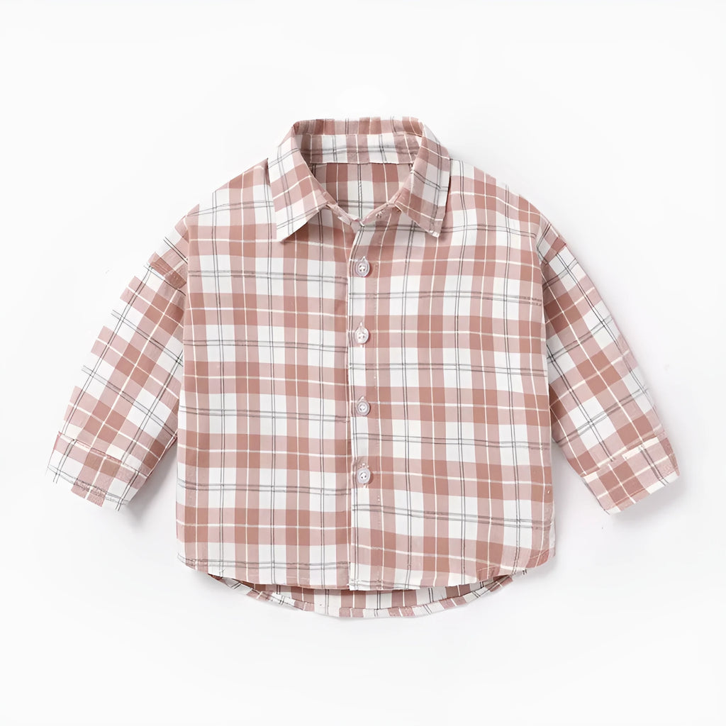 Boy's cotton lattice shirt with animal cartoon pattern in khaki, blue, pink, or yellow