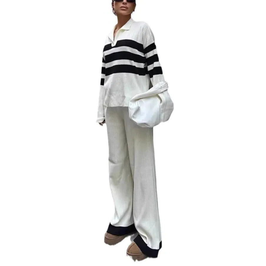 Women's black and white striped knitted polo shirt with matching trousers two-piece set
