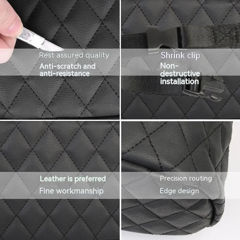 Leather hanging car storage bag in black colour measuring 25cm with hanging straps