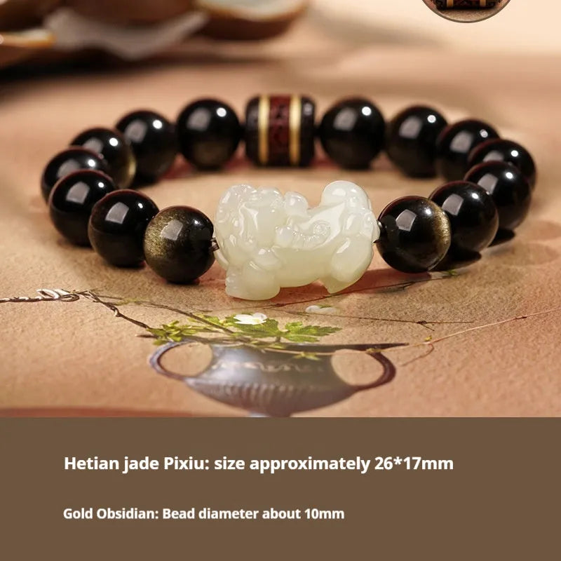 Women's Hetian jade bracelet with black and red braided ropes in Chinese style