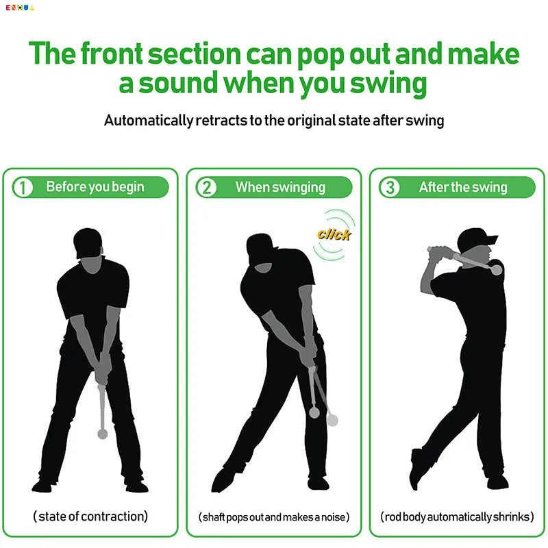 Stainless steel telescopic golf swing simulator trainer on a plain background