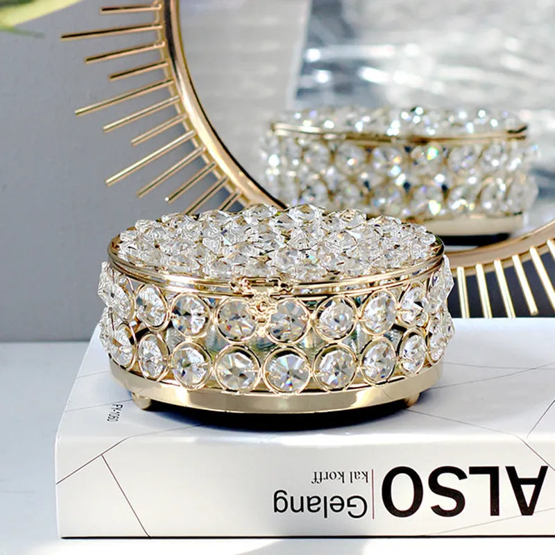 Crystal glass jewellery storage box with French gold metal frame and European design