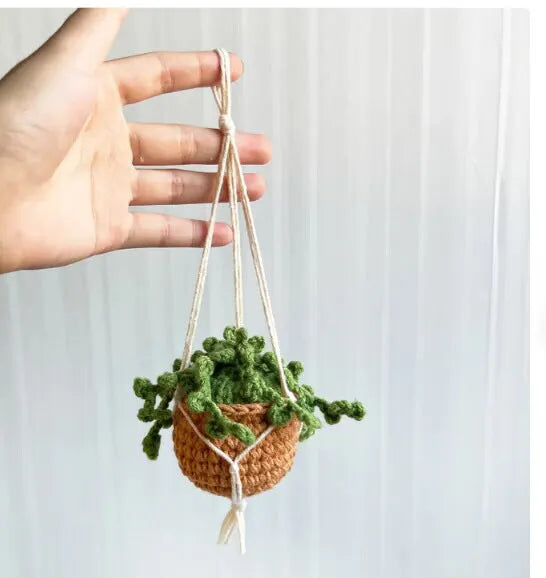 Green and white knitted car plant decoration with hanging rope on 8cm plastic base
