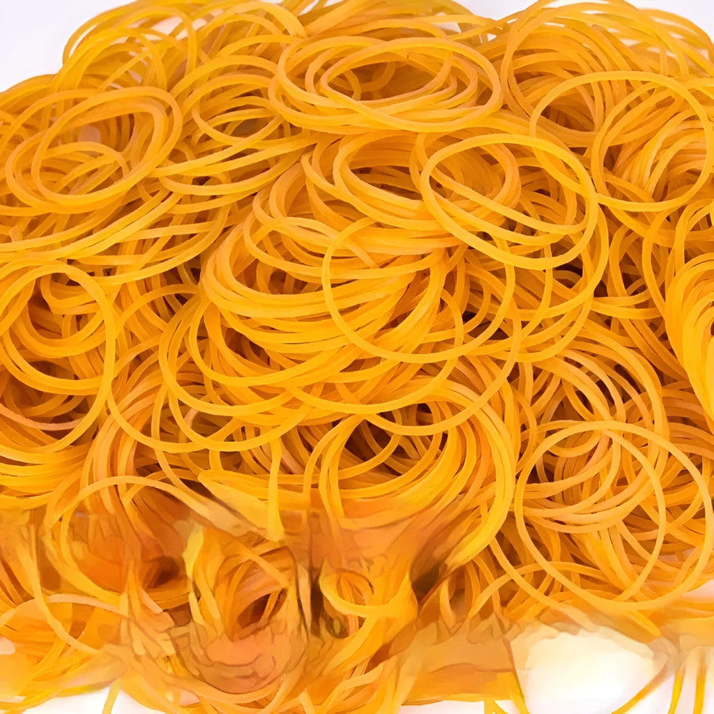 Assortment of bright yellow rubber bands in various sizes from a 500g pack.