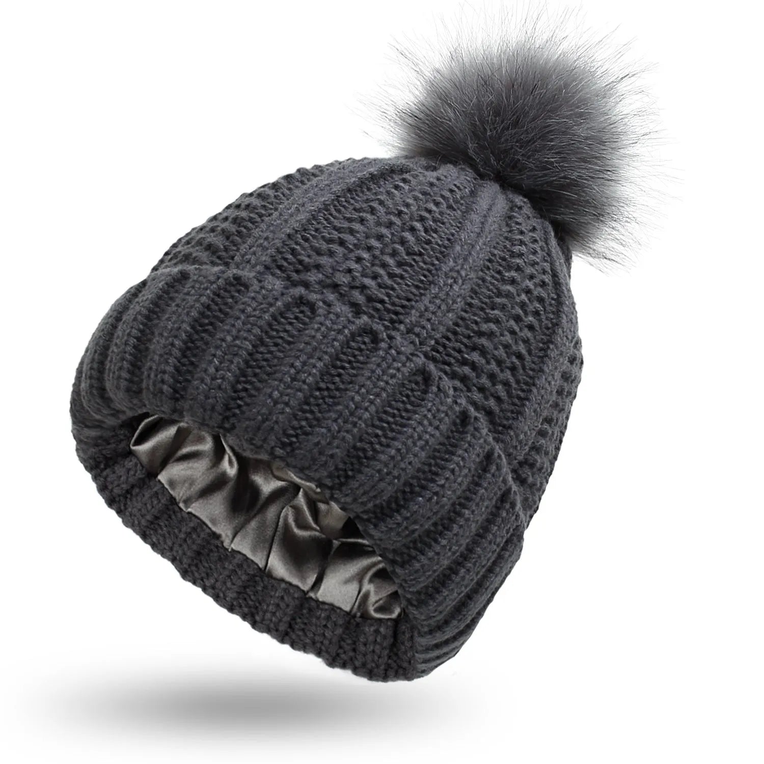 Women's wool beanie hat with satin lining and faux fur pom pom in multiple colours