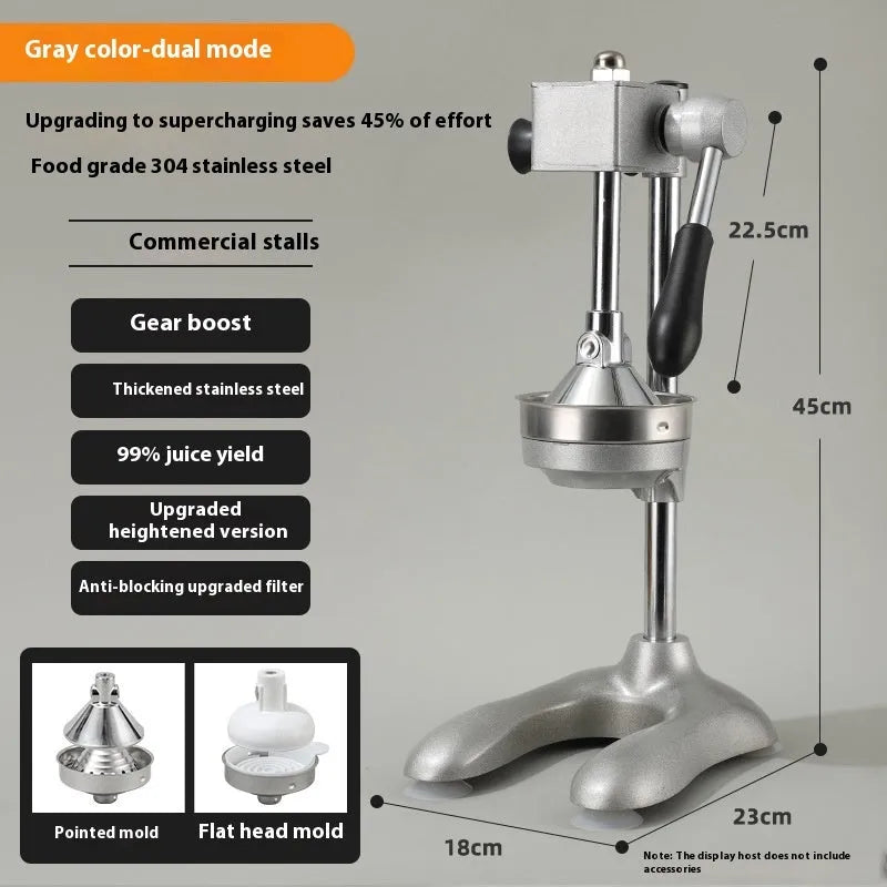 Vertical stainless steel manual juicer with multiple colour and tip options for household citrus juicing