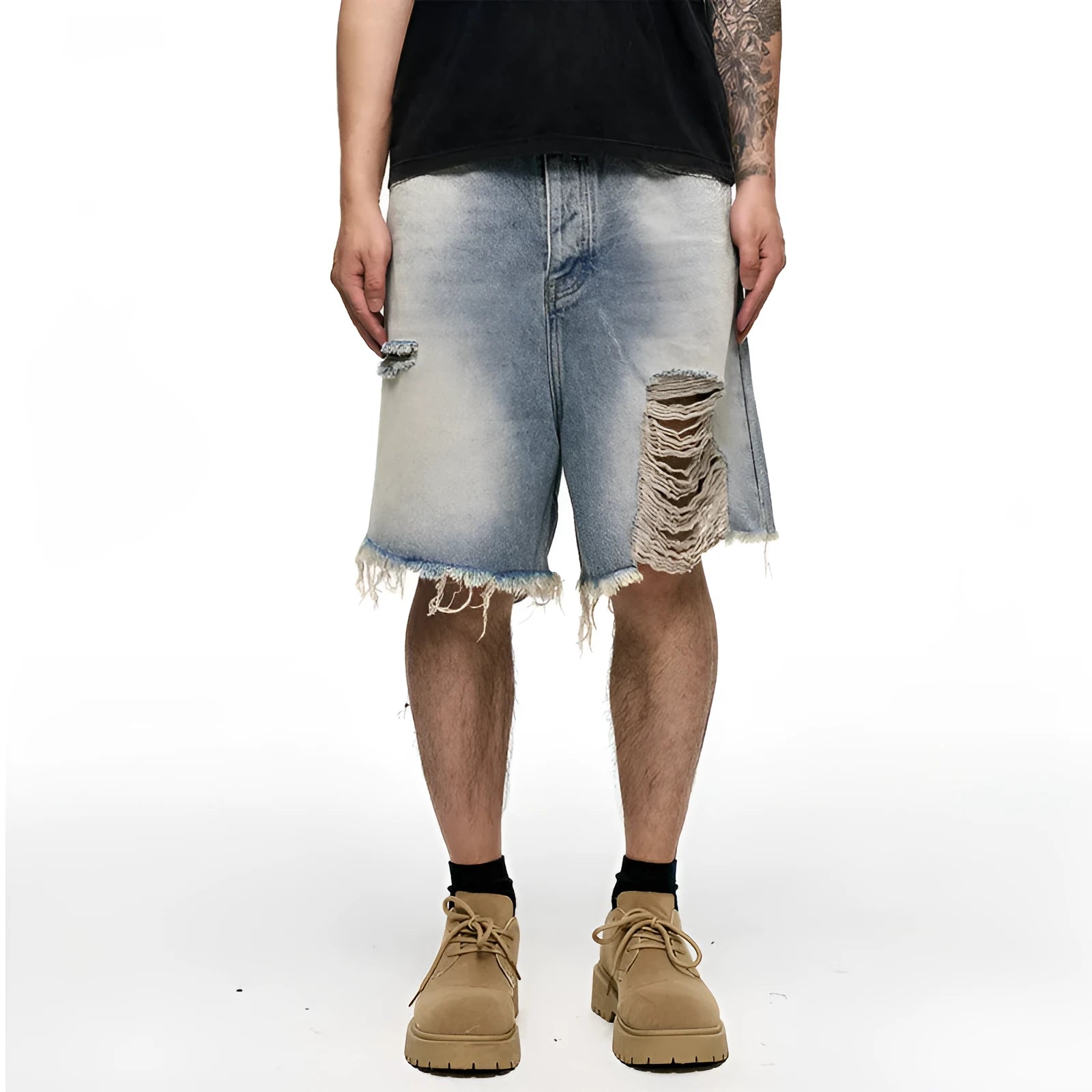 Light blue men's baggy denim shorts with wide leg and mid waist on a plain background