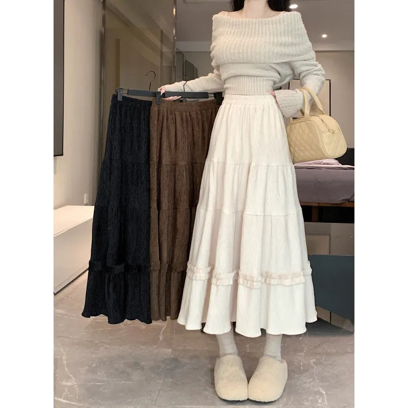 Corduroy A-line midi skirt with elastic waistband in milky white, black or brown colours