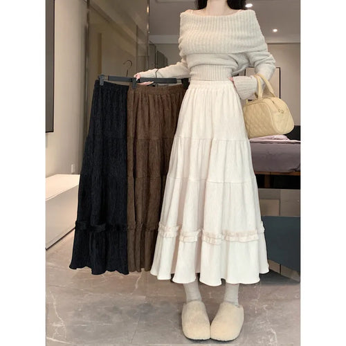 Corduroy A-line midi skirt with elastic waistband in milky white, black or brown colours