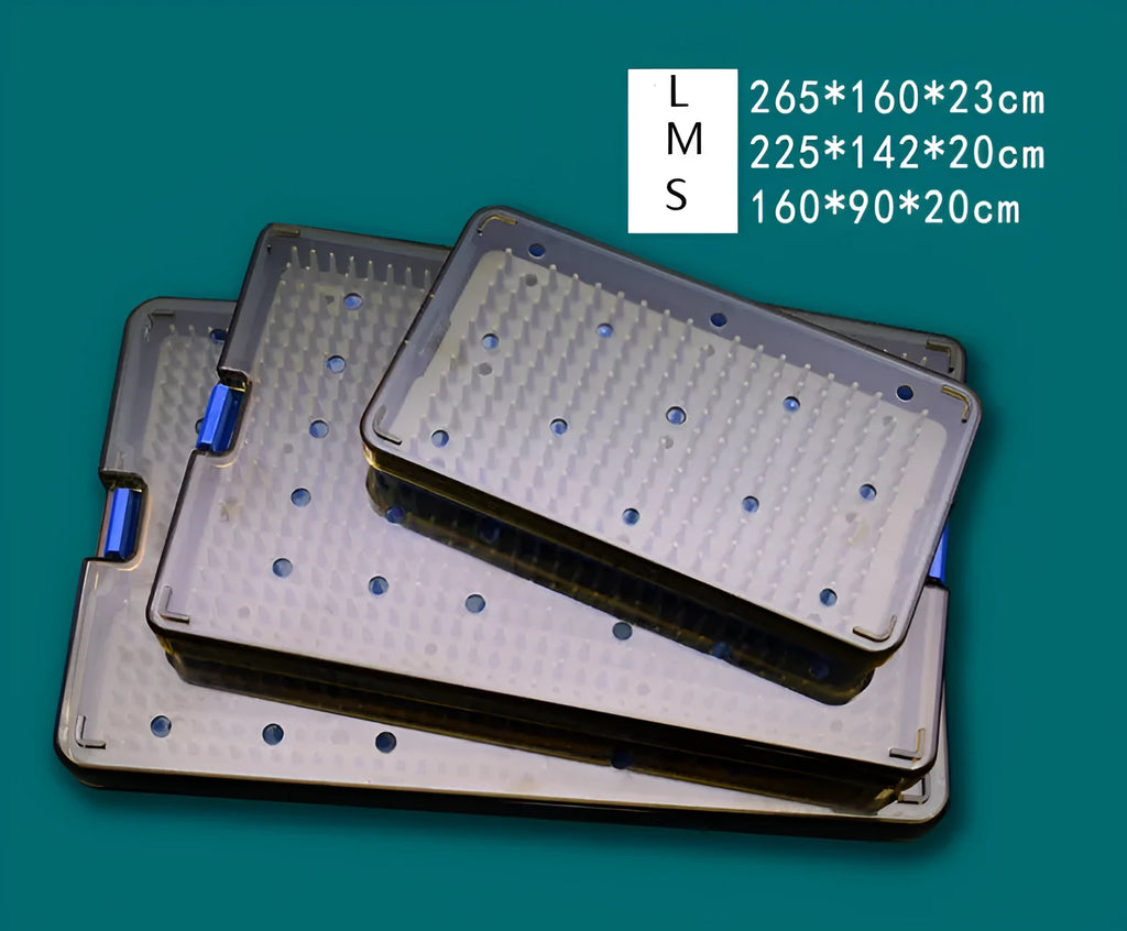 Three silicone disinfection boxes showing large, medium and small sizes with transparent lids