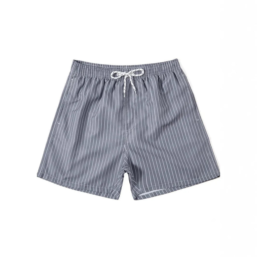 Men's striped beach shorts in polyester blend fabric, showing straight leg opening and available colour options.