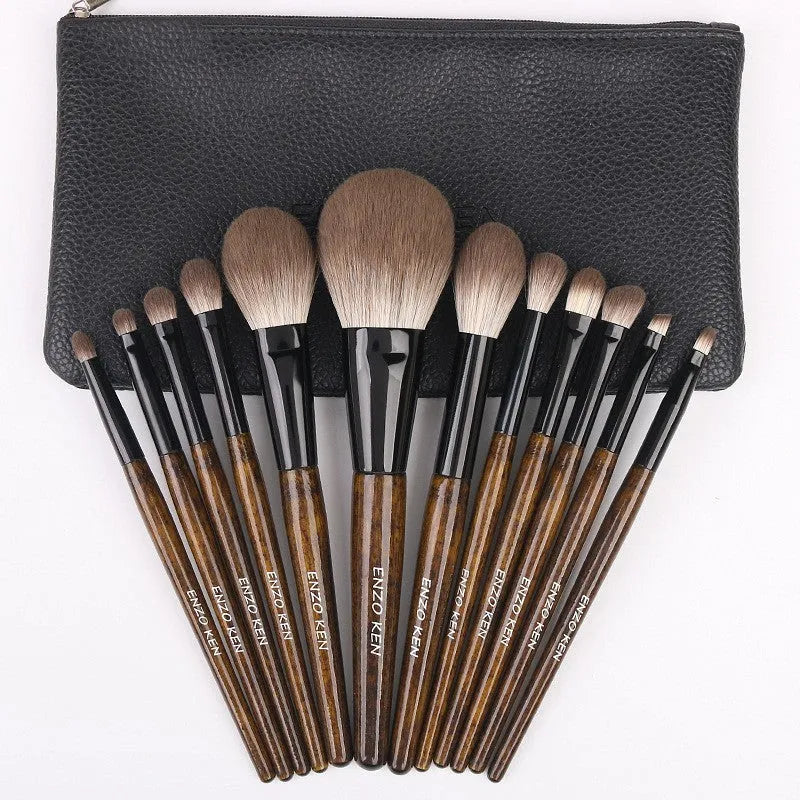 12 makeup brushes with wooden handles in a grey PU storage case, including powder foundation brush