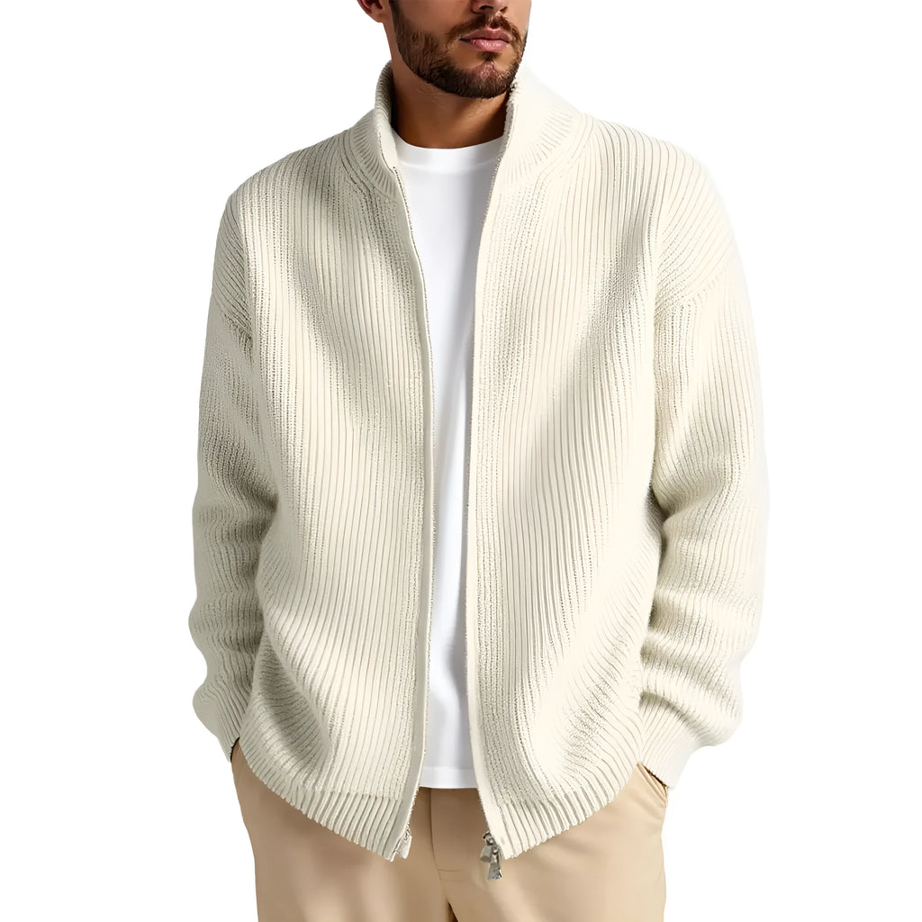 Loose-fitting men's cardigan sweater in a chemical fibre blend, shown in a neutral colour.
